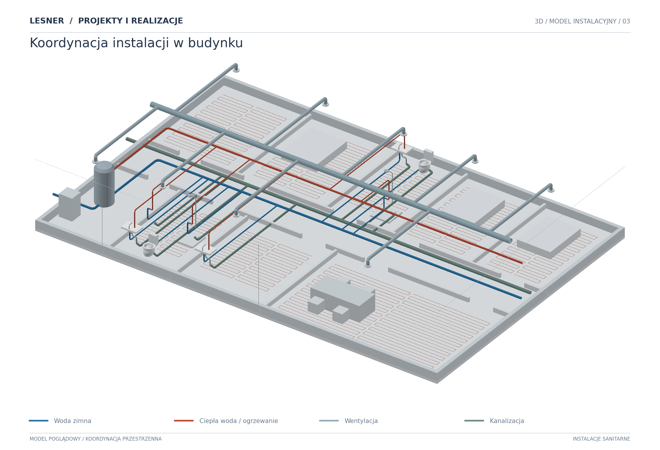 Przestrzenna koordynacja instalacji wod-kan, ogrzewania podłogowego i wentylacji z architekturą budynku.